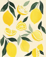 Bright yellow lemons and leaves create cheerful, fresh pattern o