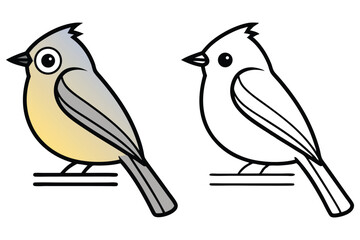 Two cute titmouse birds are perched; one is colored and the other is outline