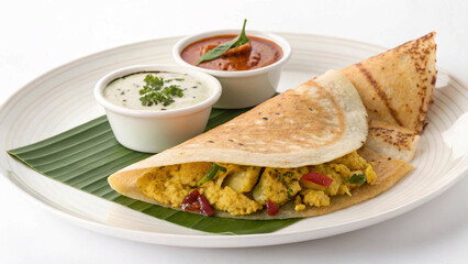 Masala dosa with coconut chutney and sambar, neatly plated on a white background.