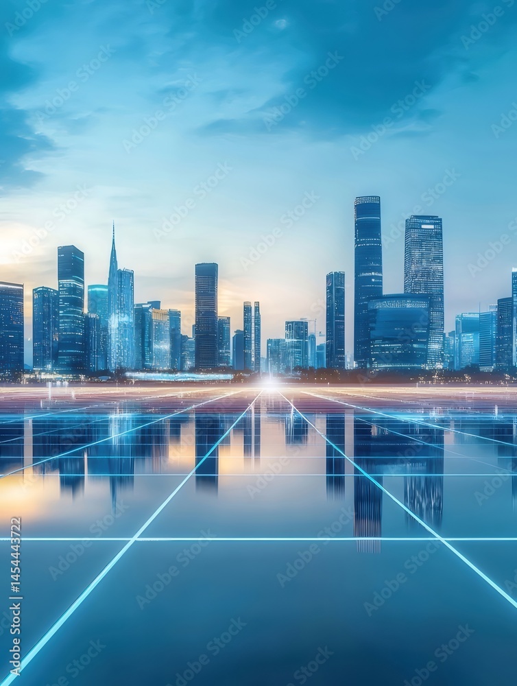 Aufkleber 都市夜景青色光線による未来的な都市景観水の反射デジタルネットワークテクノロジー