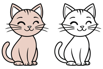 Two stylized cute cats are sitting with a smiling expression, one in color, transparent