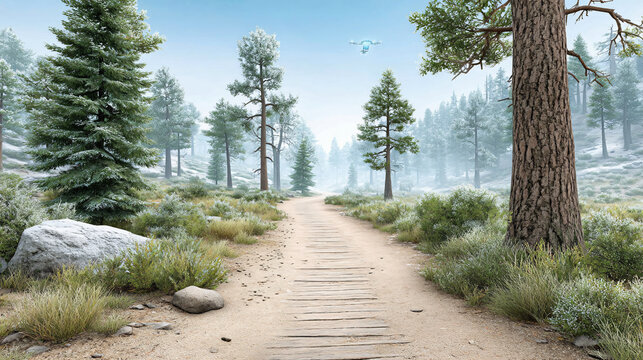 Serene wilderness path surrounded by tall pine trees and lush greenery invites exploration. soft sandy trail leads through tranquil forest, evoking sense of peace and adventure
