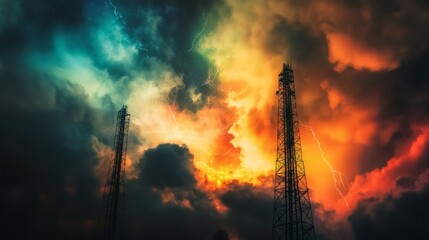 Telecommunication towers under a dramatic sky with lightning strikes and colorful clouds view photo