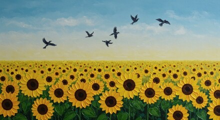 Sunflower field painting with birds flying in blue sky nature landscape art scenic oil illustration