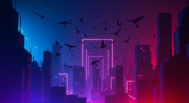 Neon cityscapes with flying birds in futuristic cyberpunk style digital art illustration design