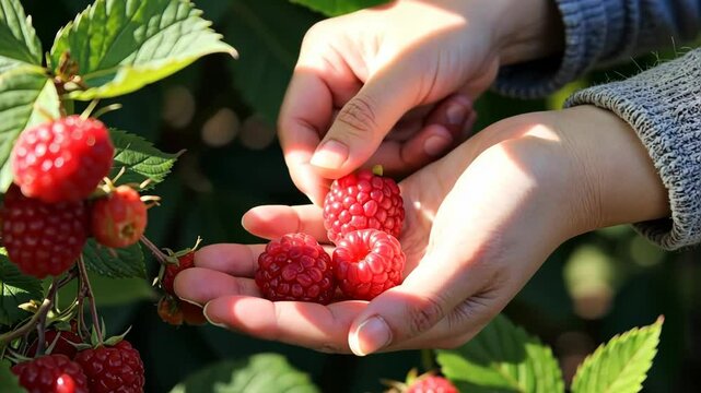 Hands harvesting fresh raspberries in a green garden  