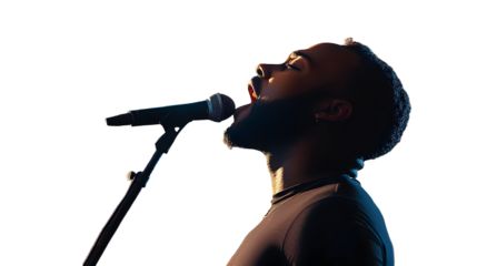 Gospel singer leading a choir in a church, passionately singing into a microphone, surrounded by uplifting stained-glass windows.