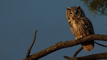 Fototapeta premium Majestic owl perched on a branch at sunset looking forward
