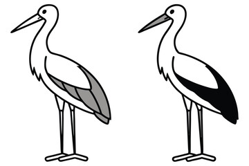 Two outlined storks with gray and black wing feathers stand against a white background