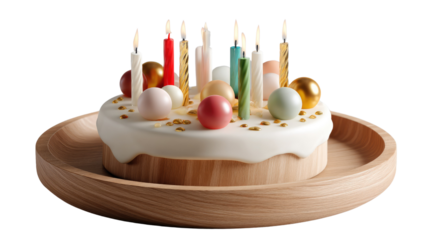 Festive Cake Celebration: A delectable cake, adorned with an array of colorful candles and edible decorations, sits upon a wooden tray, ready to be the centerpiece of a joyous celebration.