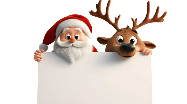 Cartoon Santa and his reindeer friend peeking above a blank sign, with Santa hat tilted and reindeer antlers decorated, isolated on white
