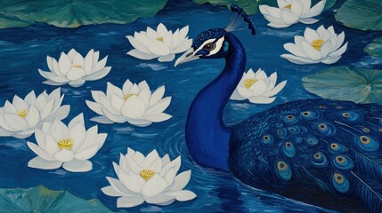 Obraz premium Stunning peacock amidst a cluster of beautiful water lilies.