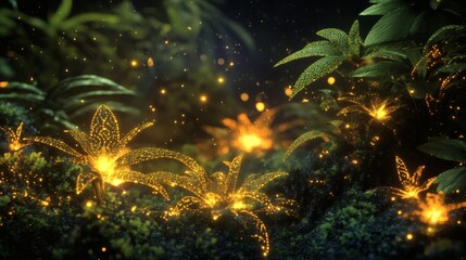 Glowing flora and fauna in enchanted forest at night with magical light and sparkle effects scene art