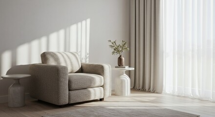 Modern living room design featuring armchair side table and sheer curtains in neutral color palette