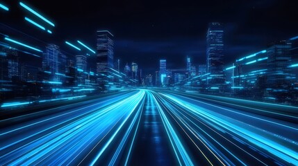 未来的な都市の夜景 青い光の線が高速道路を走る 高層ビルのシルエット 暗い背景 抽象的なテクノロジーコンセプト