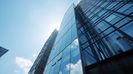 Obraz premium A modern glass skyscraper with a blue sky and clouds in the background.