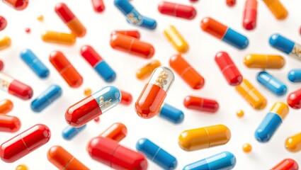 Colorful capsules levitating against a white background, some revealing DNA-like structures inside
