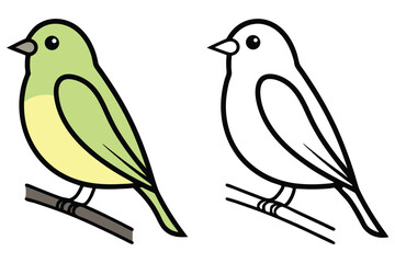 Two adorable cartoon birds, one colored and one outlined, perched upon the branch