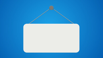 Blank white hanging gift card sign mock up isolated on blue background. Blank white door plate hanging on the string. Blank realistic door hanging plate mock up.