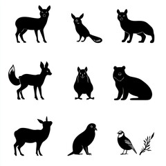 Set of black vector icons, silhouettes of forest animals deer, fox, squirrel, rabbit, owl, bear, pheasant, and bird on a white background
