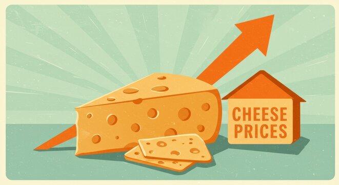 Retro illustration of cheese block with upward arrow and house shaped label