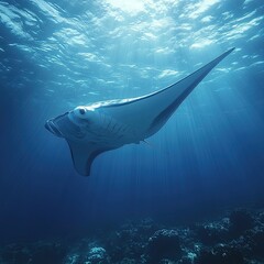 Giant oceanic manta ray or Mobula birostris slowly swimming underwater view from bottom to top