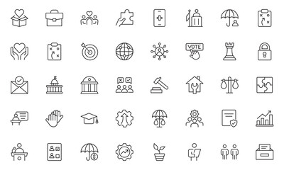 Social Policy line icon set. icons related to education, reform, services, welfare, health care, legislation, society. Social Policy outline icons collection. Vector illustration.