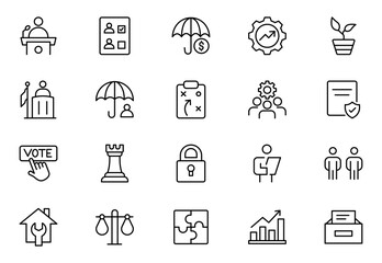 Social Policy line icon set. icons related to education, reform, services, welfare, health care, legislation, society. Social Policy outline icons collection. Vector illustration.