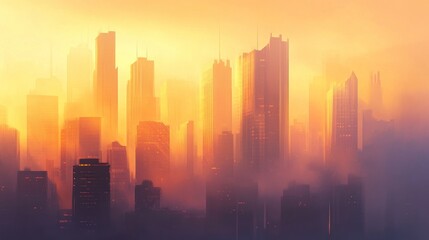 Fototapeta premium Sunrise cityscape, hazy, futuristic, warm tones