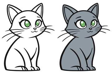 Cartoon cats with large green eyes are sitting, one gray and one outlined
