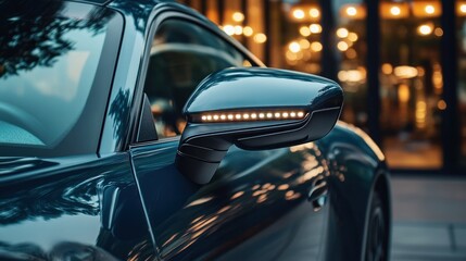 Luxury car mirror, city night, cafe