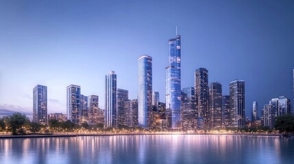 Fototapeta premium Urban skyline at twilight, reflecting city lights on tranquil water