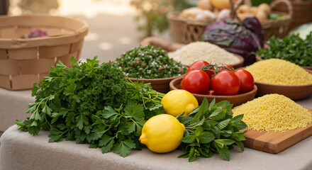 Tabbouleh ingredients with parsley and lemons on market table outdoors
