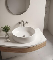 Fototapeta premium Curved porcelain sink, off-white countertop Simple modern bathroom aesthetic , plumbing, interior, simple