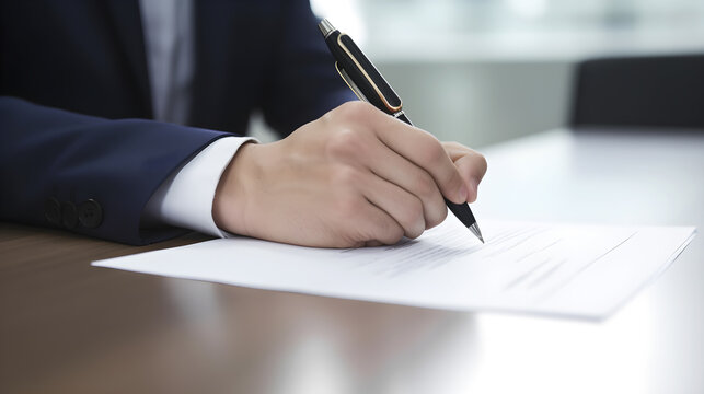 A man in a suit signing a document with a pen on a desk.