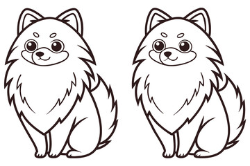 Two cartoon Pomeranian dogs stand cheerfully outlined against the white background, isolated and ready to be colored