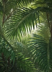 Intricate palm fronds, vibrant emerald, sunlight dappled, texture, vibrant, exotic