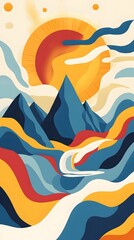Vibrant sunrise over stylized mountains and flowing landscape