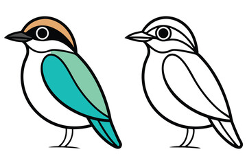 Cartoon bird has brown head and blue wings standing next to bird outline