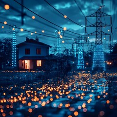 Glowing energy grid illuminating a cozy rural landscape at night
