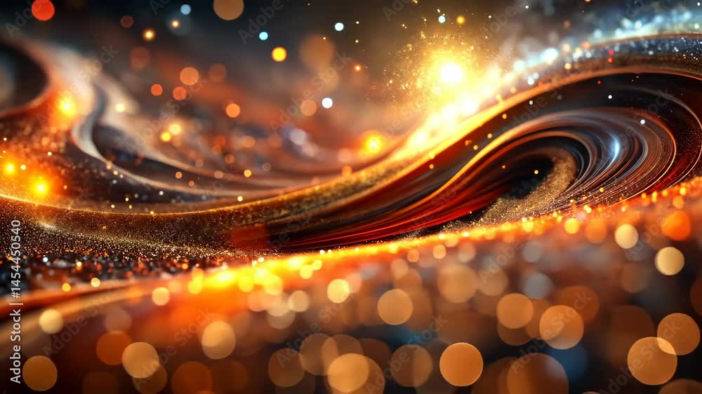 Poster golden particles swirl in a dreamlike, abstract dance of light and color