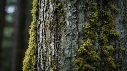 Obraz premium Textured tree bark covered with vibrant green moss patches