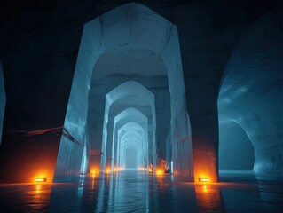 Fototapeta premium Icy cavern with glowing lights, a surreal and otherworldly landscape. The icy arches create a mesmerizing and enchanting atmosphere.