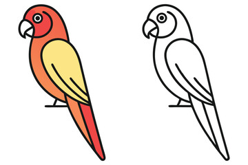 Colored parrot stands beside a monochrome outline of parrot on a transparent backdrop