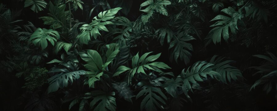Deep green tropical foliage intertwined, casting dramatic shadows on black ,  vines,  botanical,  intricate