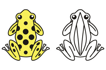 One yellow spotted frog sits beside an outline of a frog on white