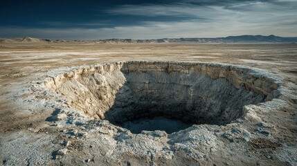 Large hole in dry landscape, sunny day, open skies