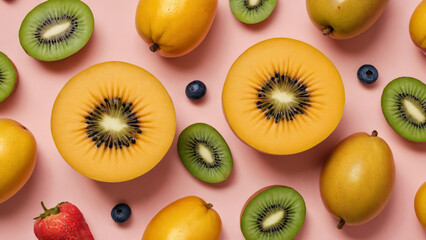 Fototapeta premium Flat Lay Colorful Summer Fruits Mango Kiwi Berries Pastel Pink Background Fresh Tropical Arrangement Bright Composition Soft Surface Vibrant Display