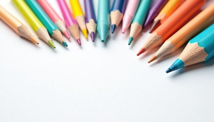Scattered writing utensils on pure white background , simple, colorful pencils