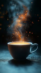 Magical Coffee Cup with Glowing Steam and Sparks